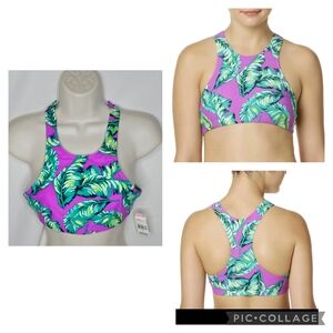 New Juniors Bongo High Neck Sport Top Purple Palm Print Bra Crop Swim Size M